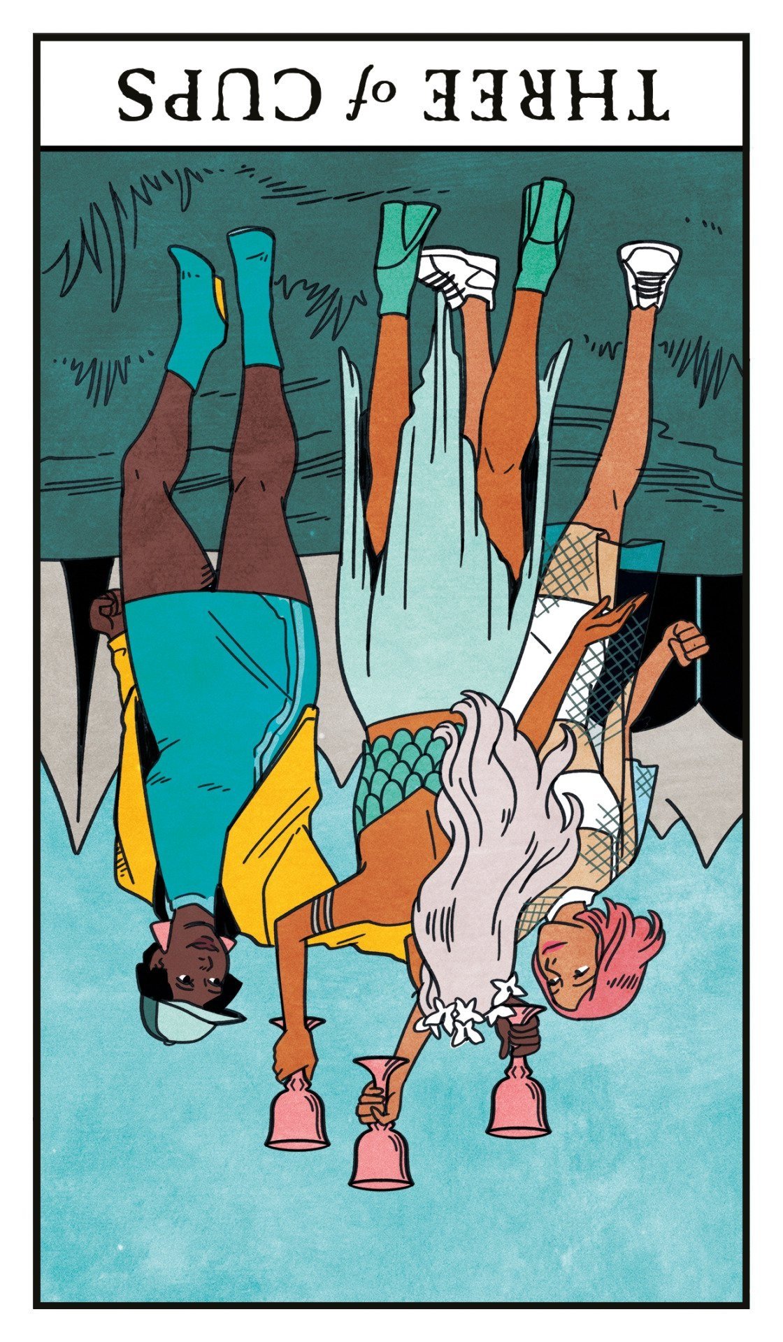 an upside-down tarot card showing 3 figures against a sky-blue background toasting with pink goblets