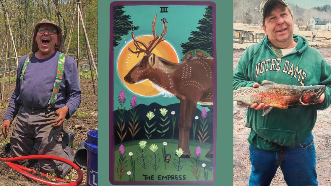 a tarot card flanked by photographs of two different joyful looking men, one with his hands dirty in a garden, one holding a bloody trout