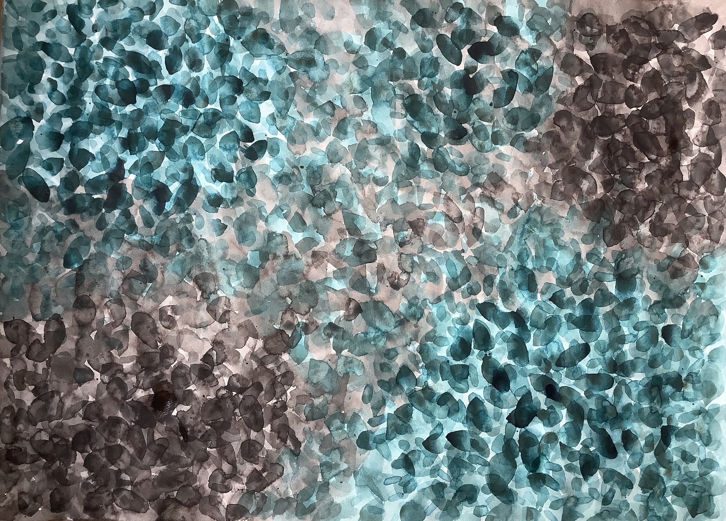 abstract watercolor artwork in teal and brown colors that resembles moving water