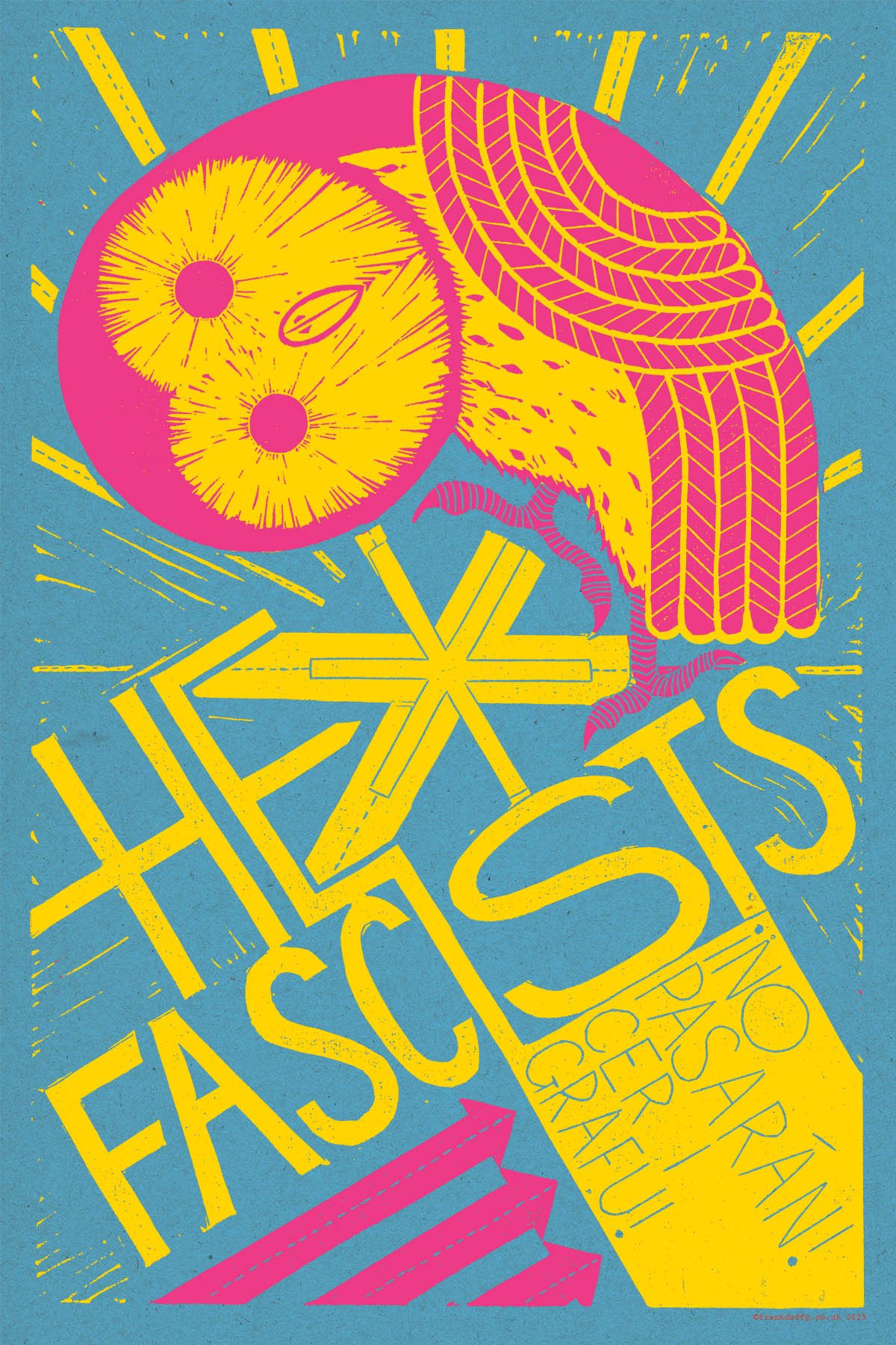  a blue, pink and yellow linocut print of an owl and the words Hex Fascists