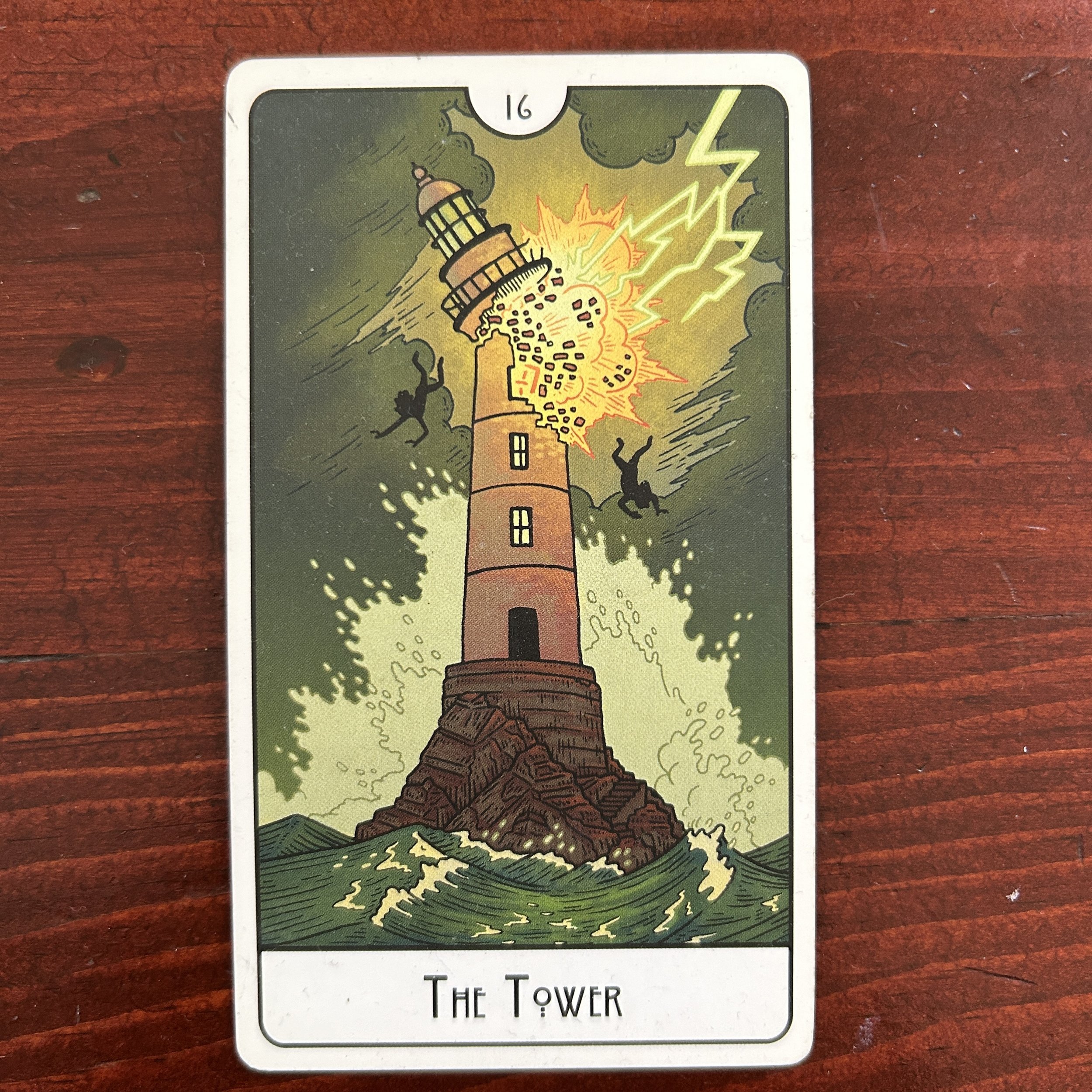 a brown lighthouse is struck by an explosive bolt of lighting, two figures falling in mid-air above a roiling green sea