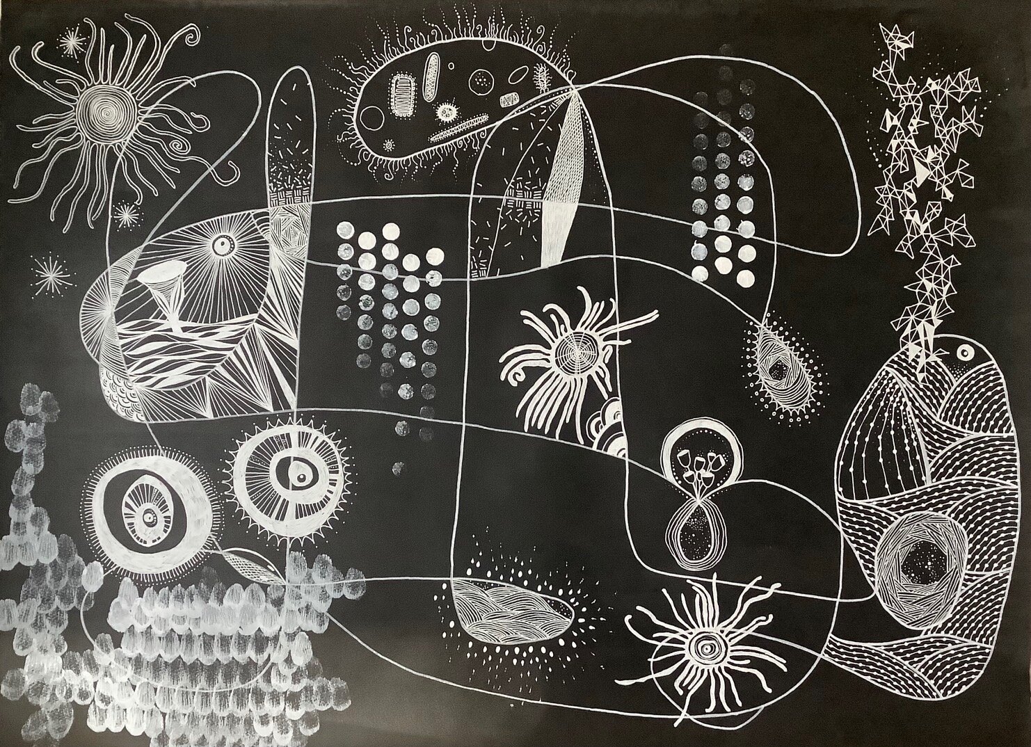 an abstract painting in white on black