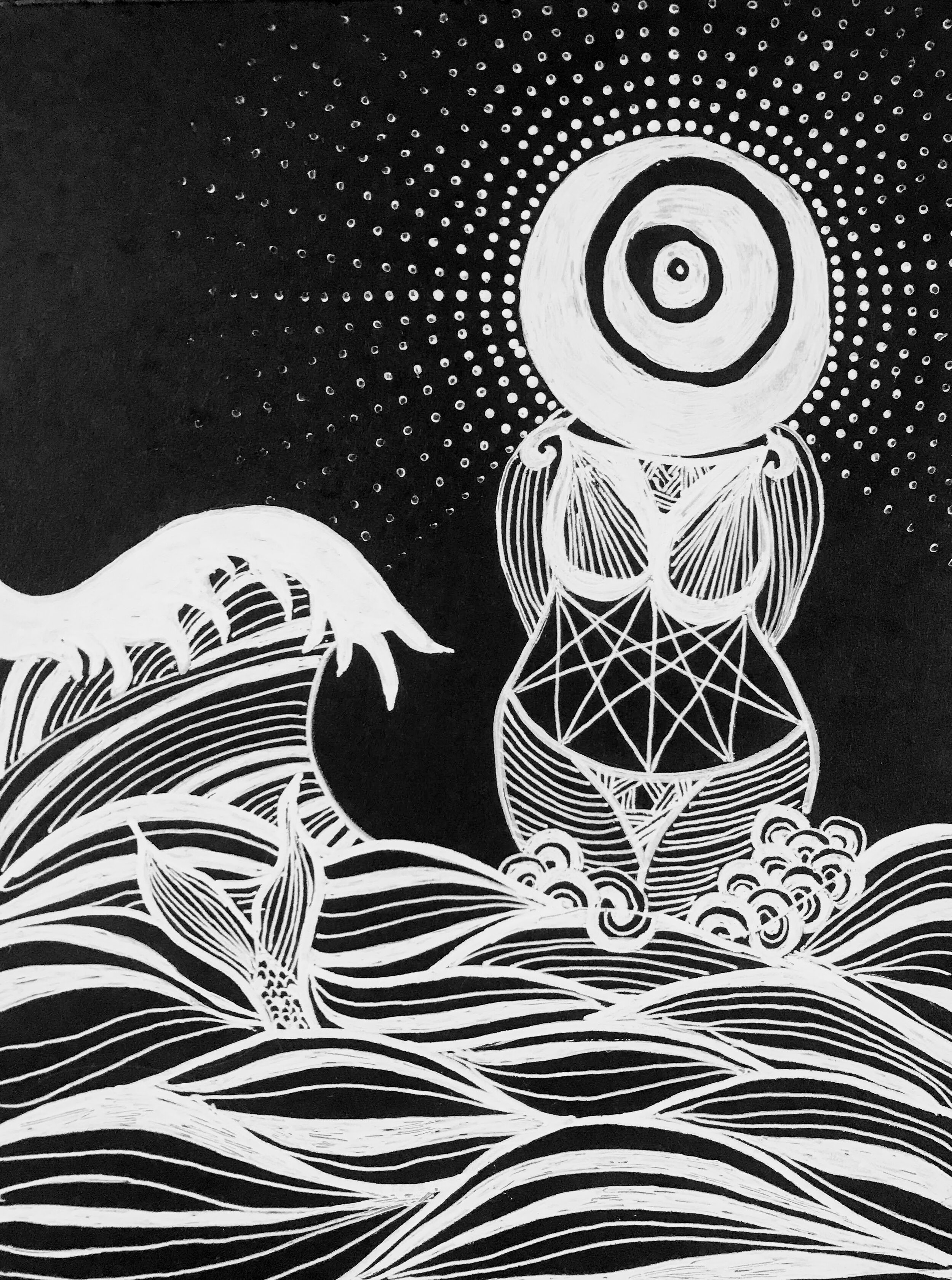 black and white artwork of a moon-headed goddess submerged in the ocean awaiting an approaching wave