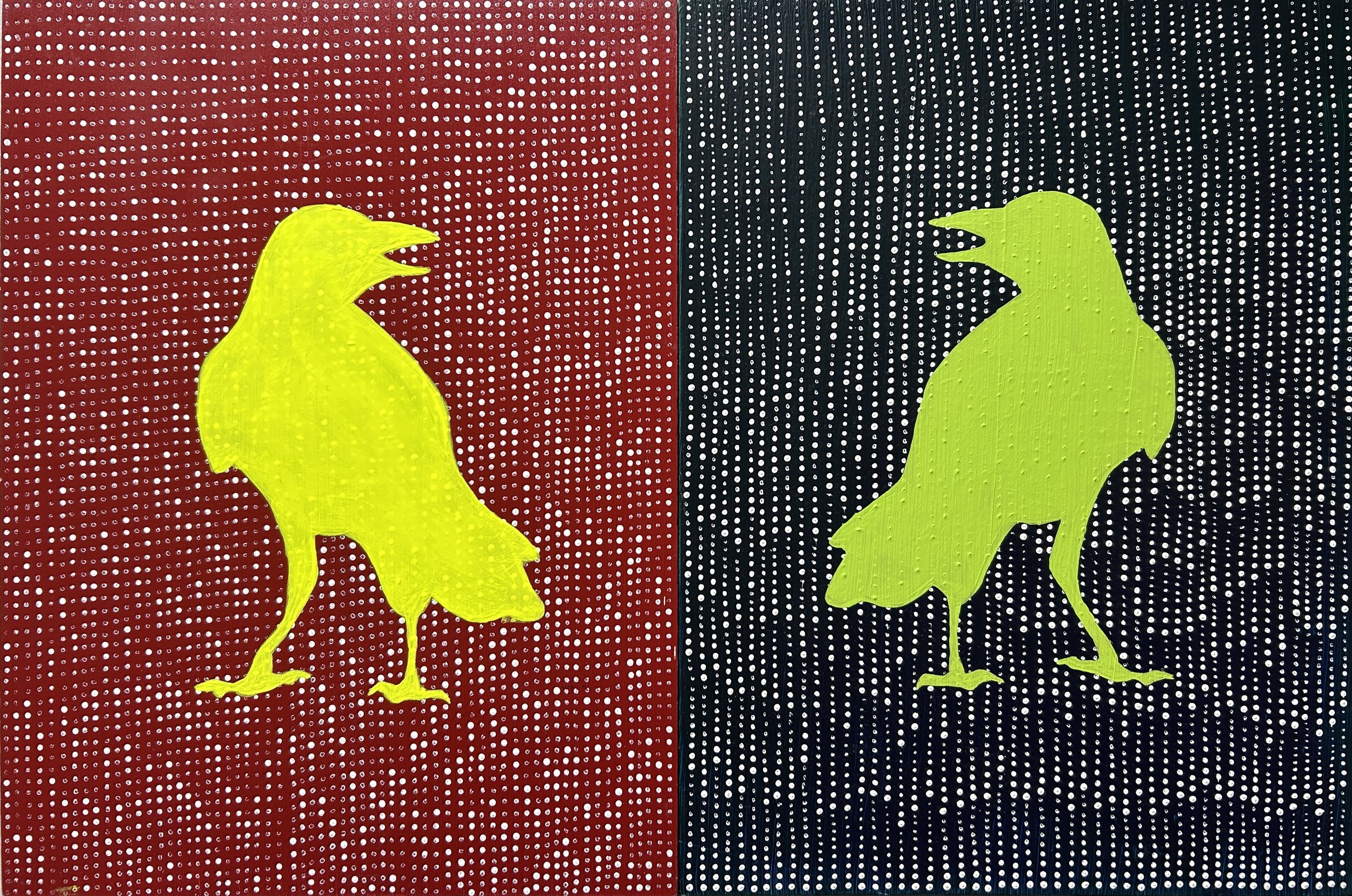 two brightly painted crow silhouettes face each other, one against a red background, one against a blue background, both with white dots