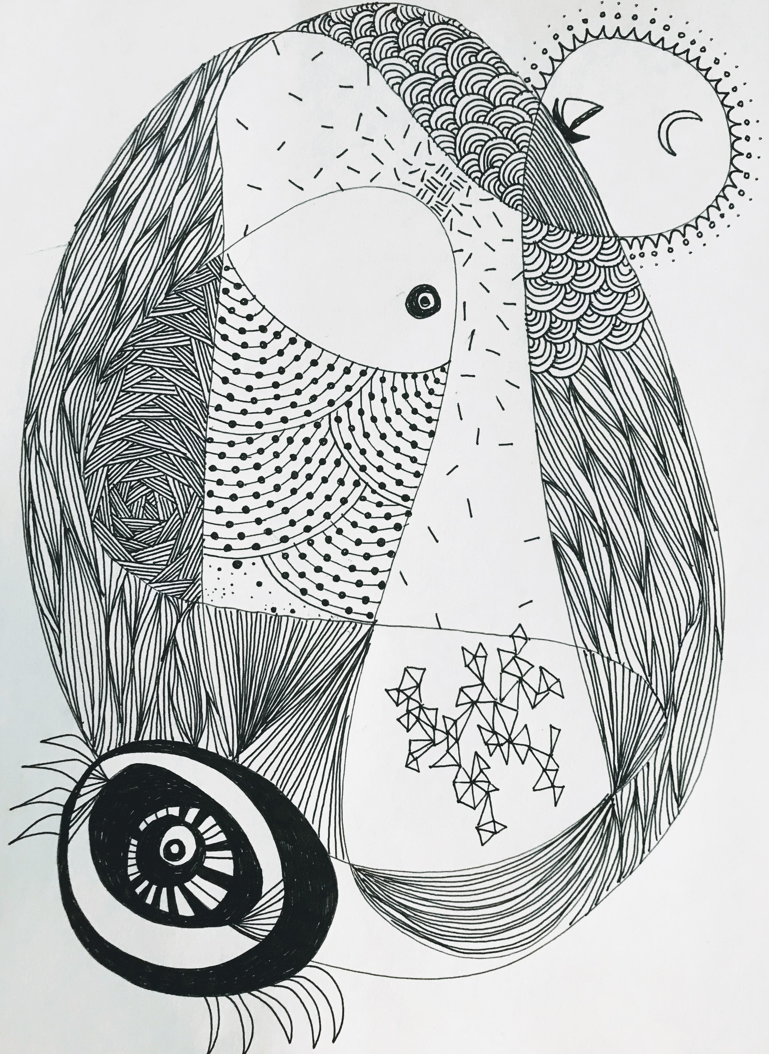 a black and white abstract automatic drawing that looks like a femme figure with long hair