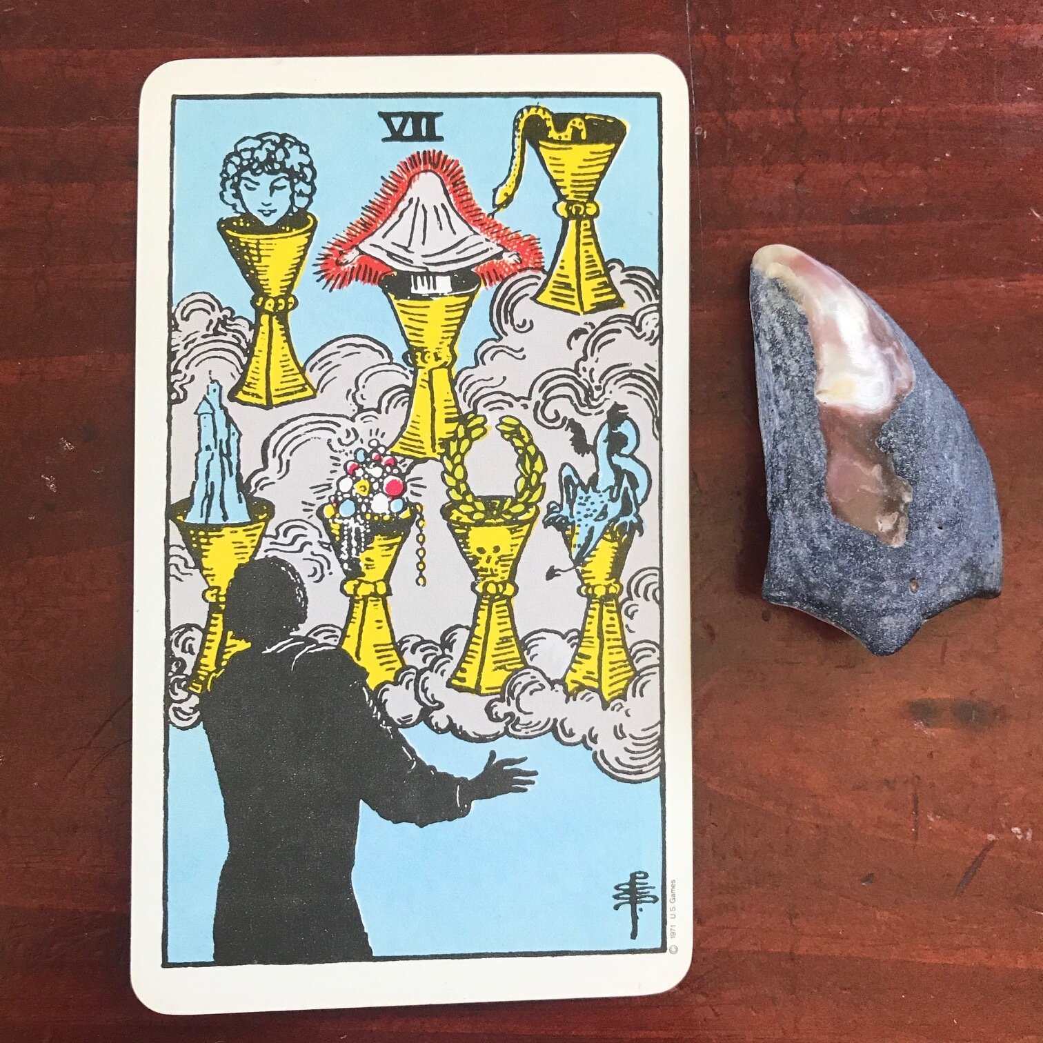 a tarot card showing a black silhouetted figure from the back looking at a collection of 7 gold cups out of which various things are spilling, and a purple seashell against a dark wood background