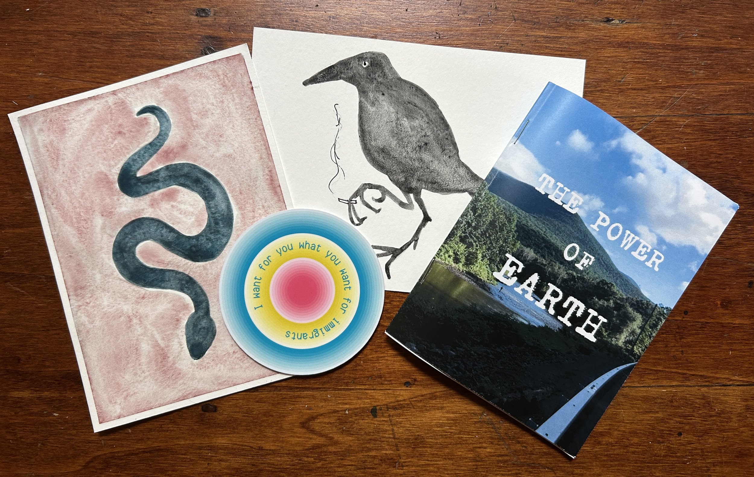 snake and crow watercolor paintings, a pink, yellow and blue circular sticker that says I want for you what you want for immigrants and an earth zine