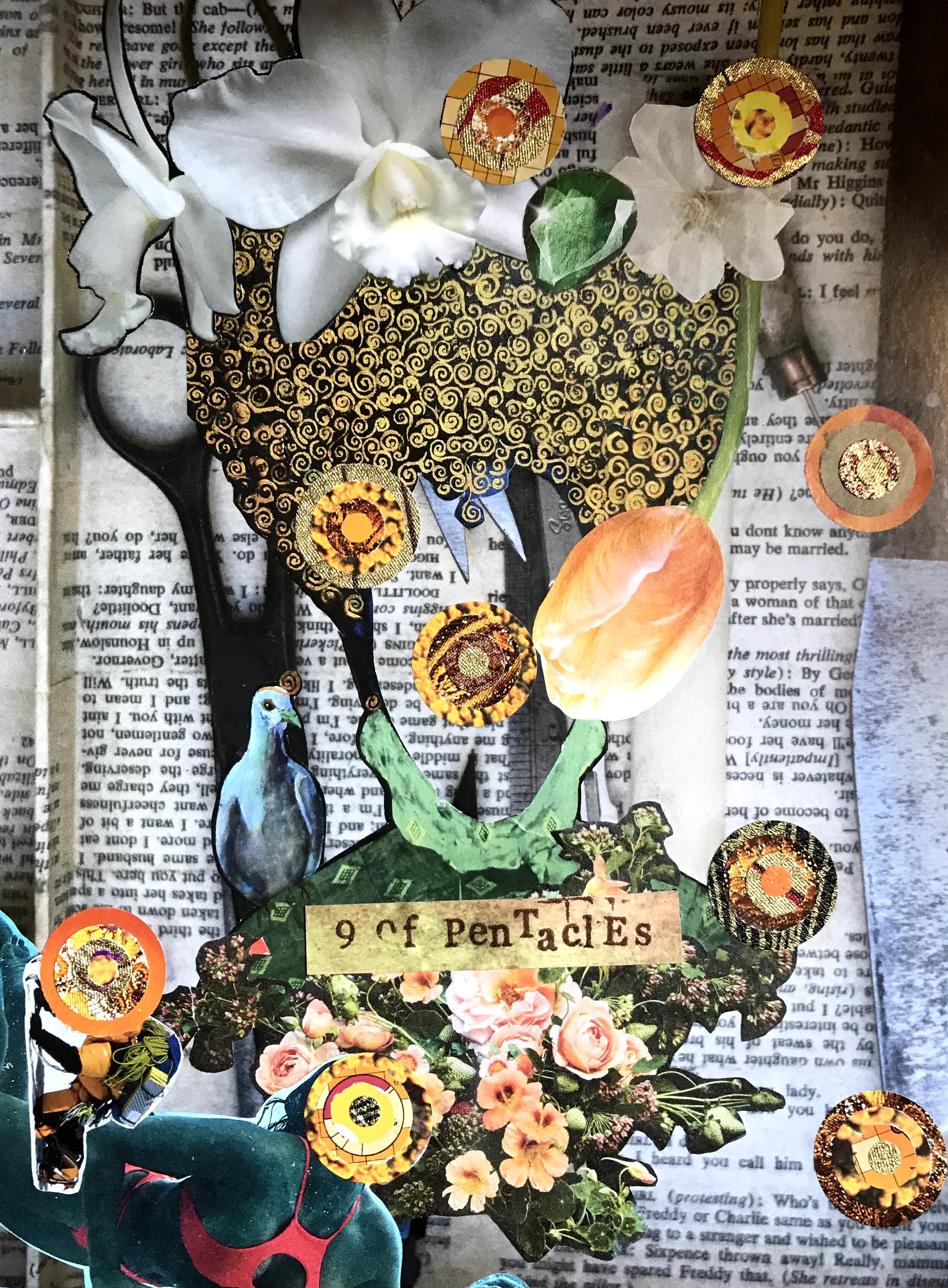 a paper collage artwork with text, birds, flowers, gold circles, a swimmer in a pink bikini and the words 9 of Pentacles