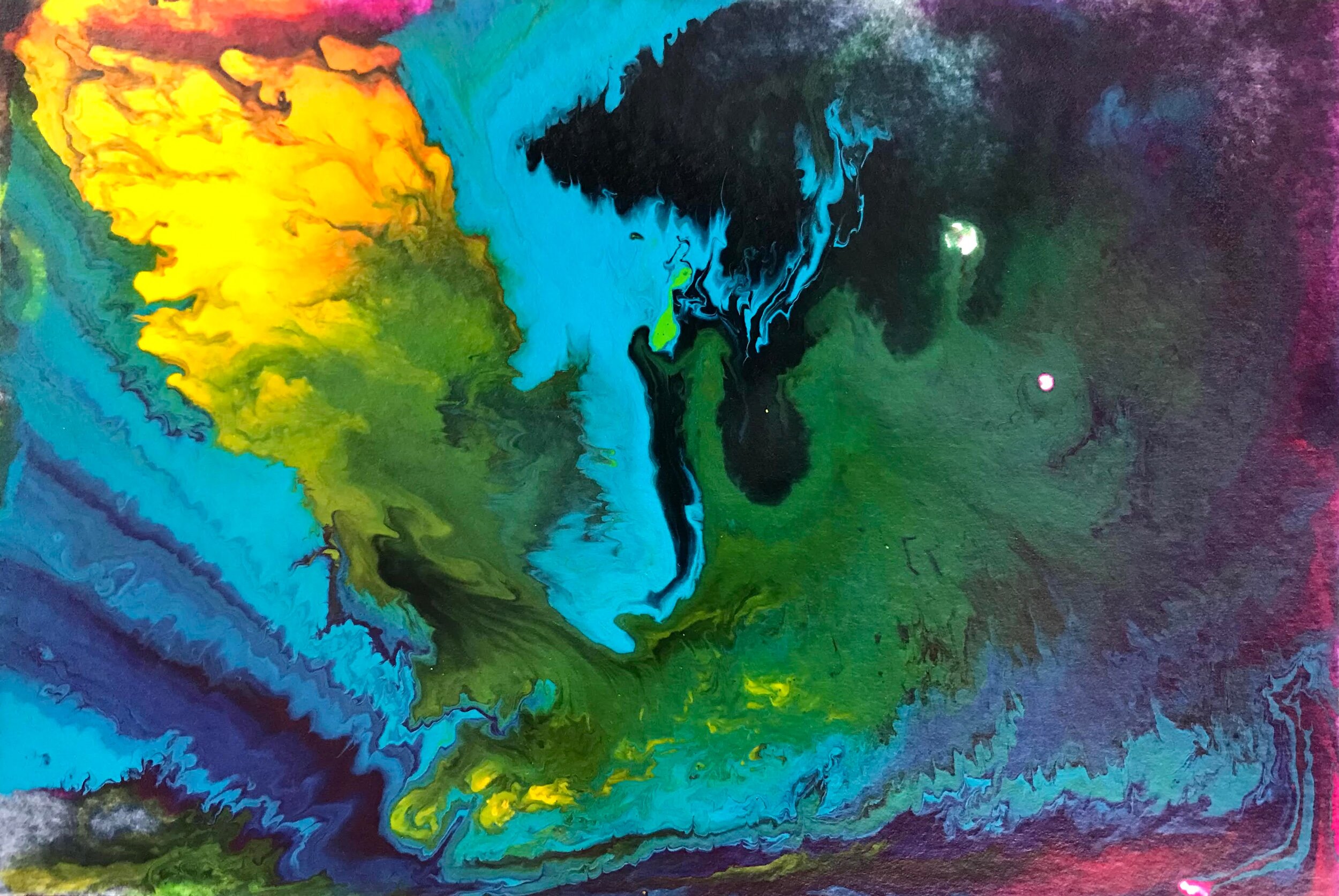 a colorful abstract painting with flowing and fractal patterns in rainbow colors