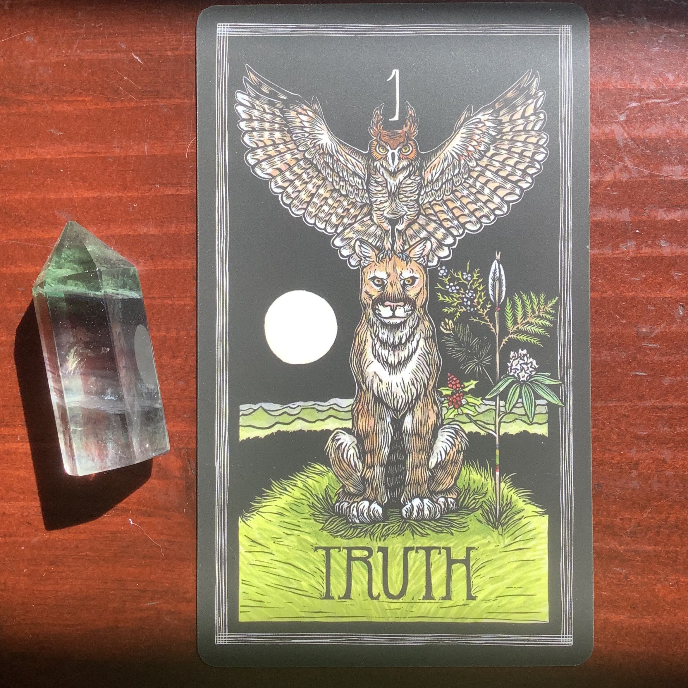 a pointed quartz crystal alongside an illustrated tarot card depicting a mountain lion with a spread-winged owl perched on its head and a white full moon