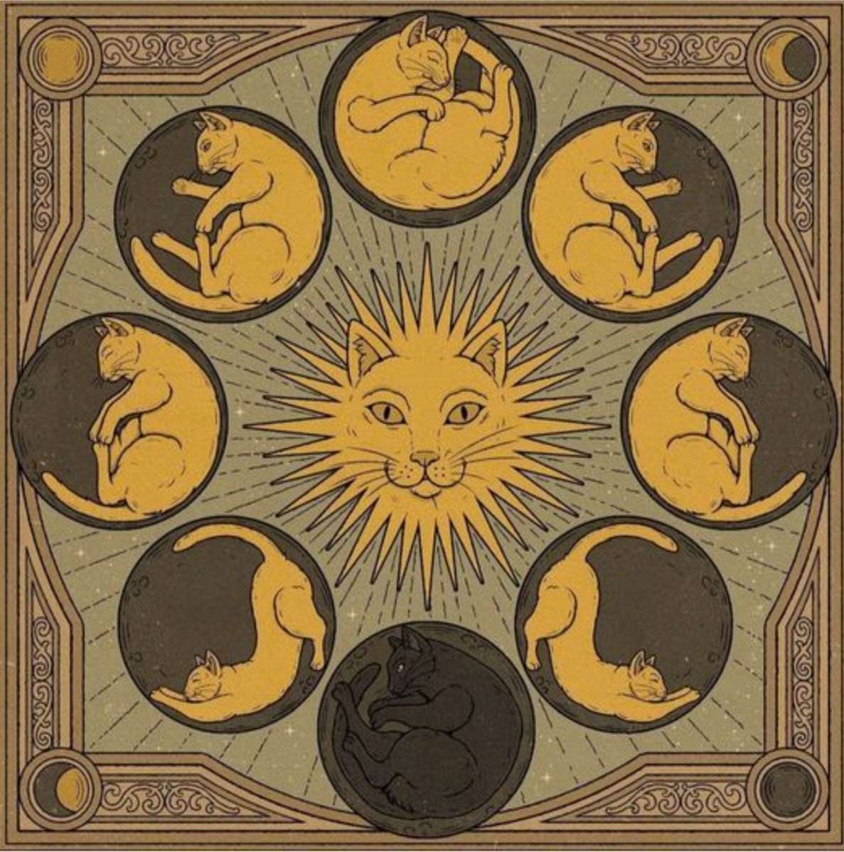 artwork with a cat-sun in the center and the phases of the moon depicted by cats' bodies encircling the center 