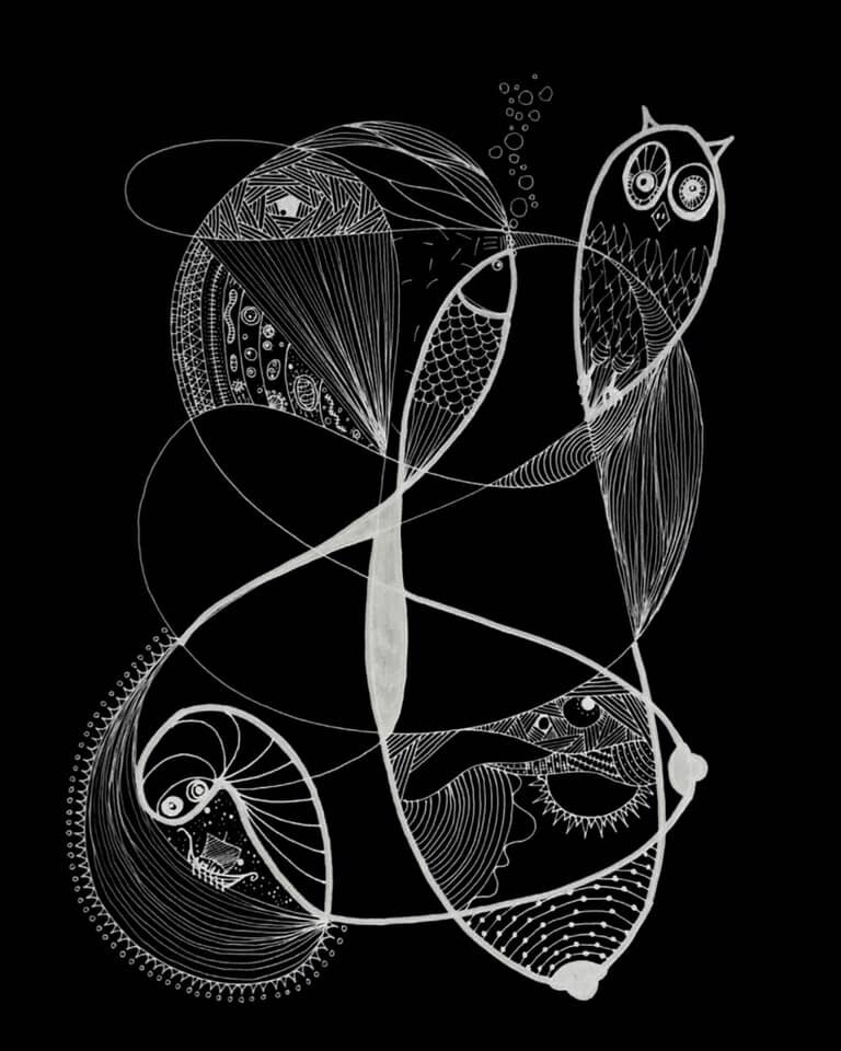 an abstract automatic drawing in white on a black ground