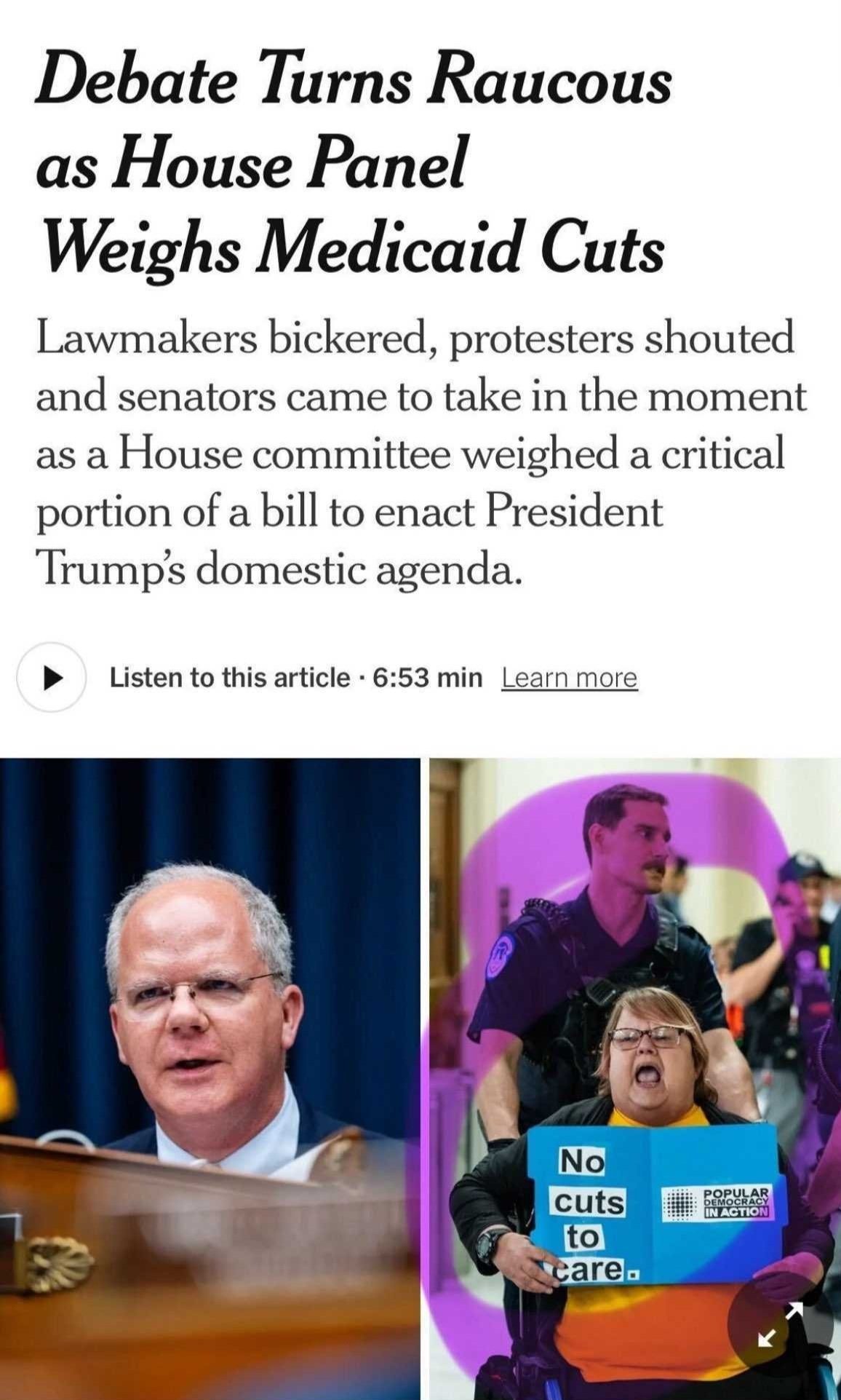 split image, on the left a white man with balding white hair and glasses, on the right a white woman shouting from her wheelchair that's being pushed by a uniformed guard