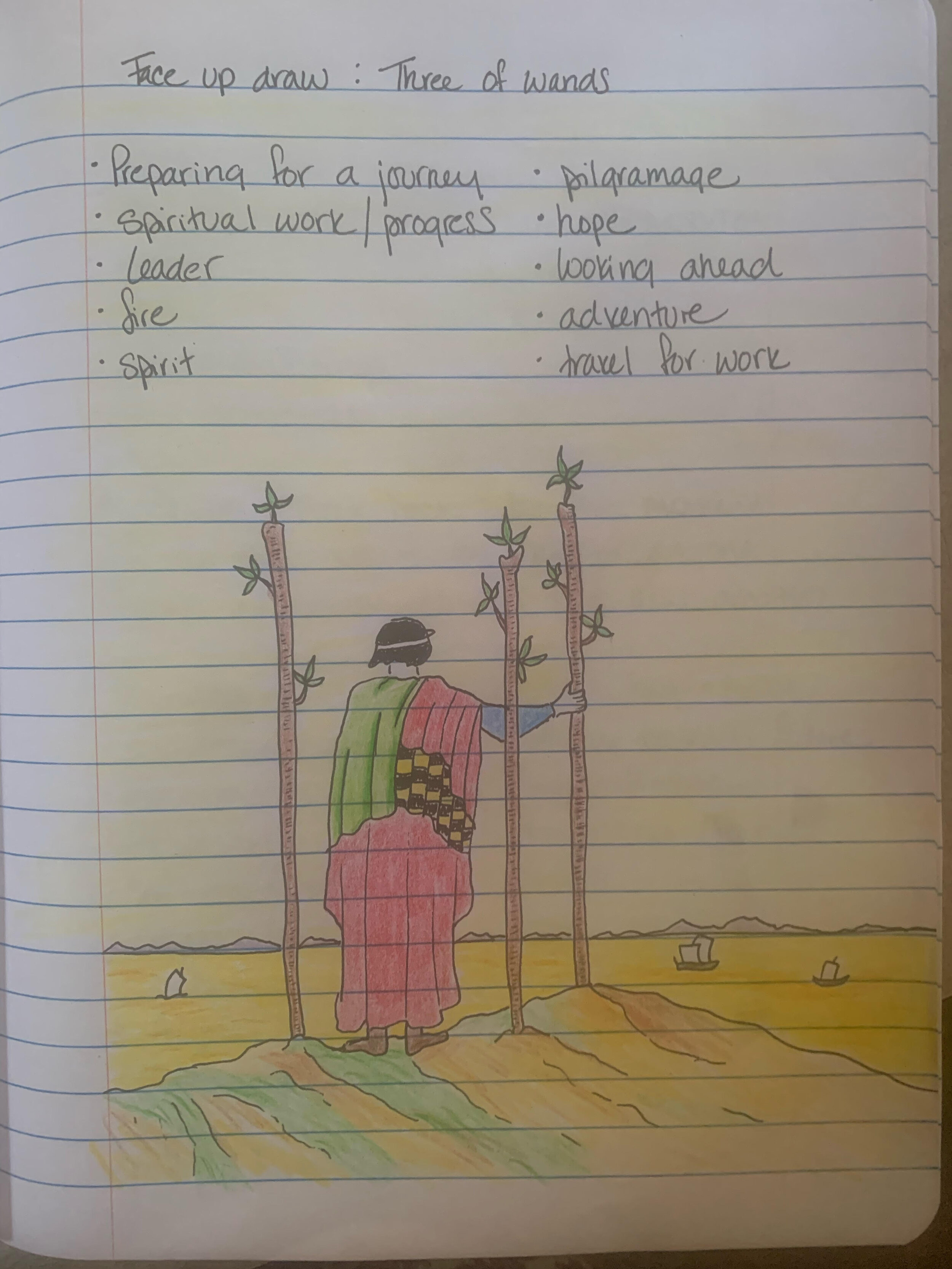 a notebook page with a hand-drawn figure looking out over a body of water and boats and the words Face-Up Draw: three of wands with some keywords
