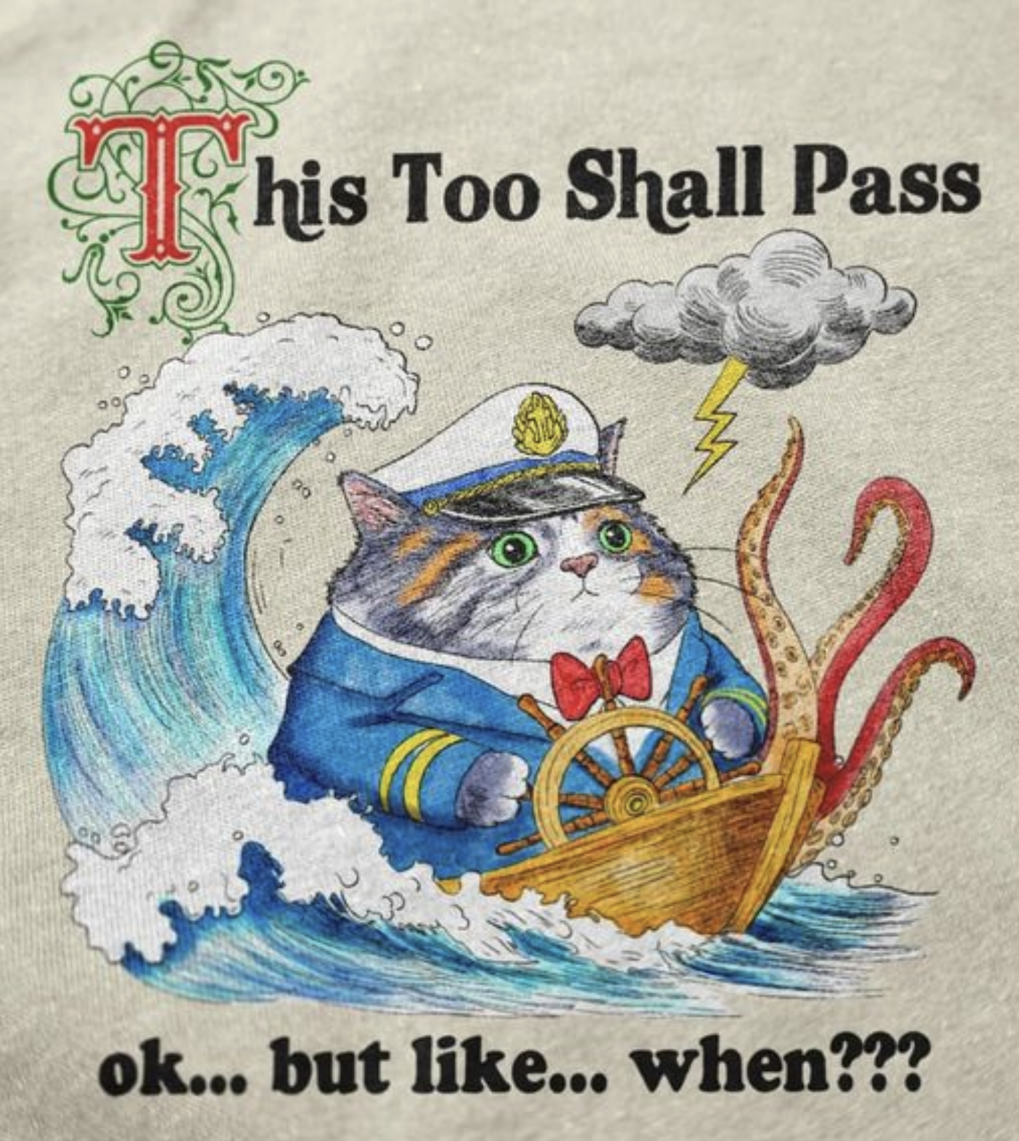 an illustrated cat captaining a boat that says, This Too Shall Pass, ok... but like... when???