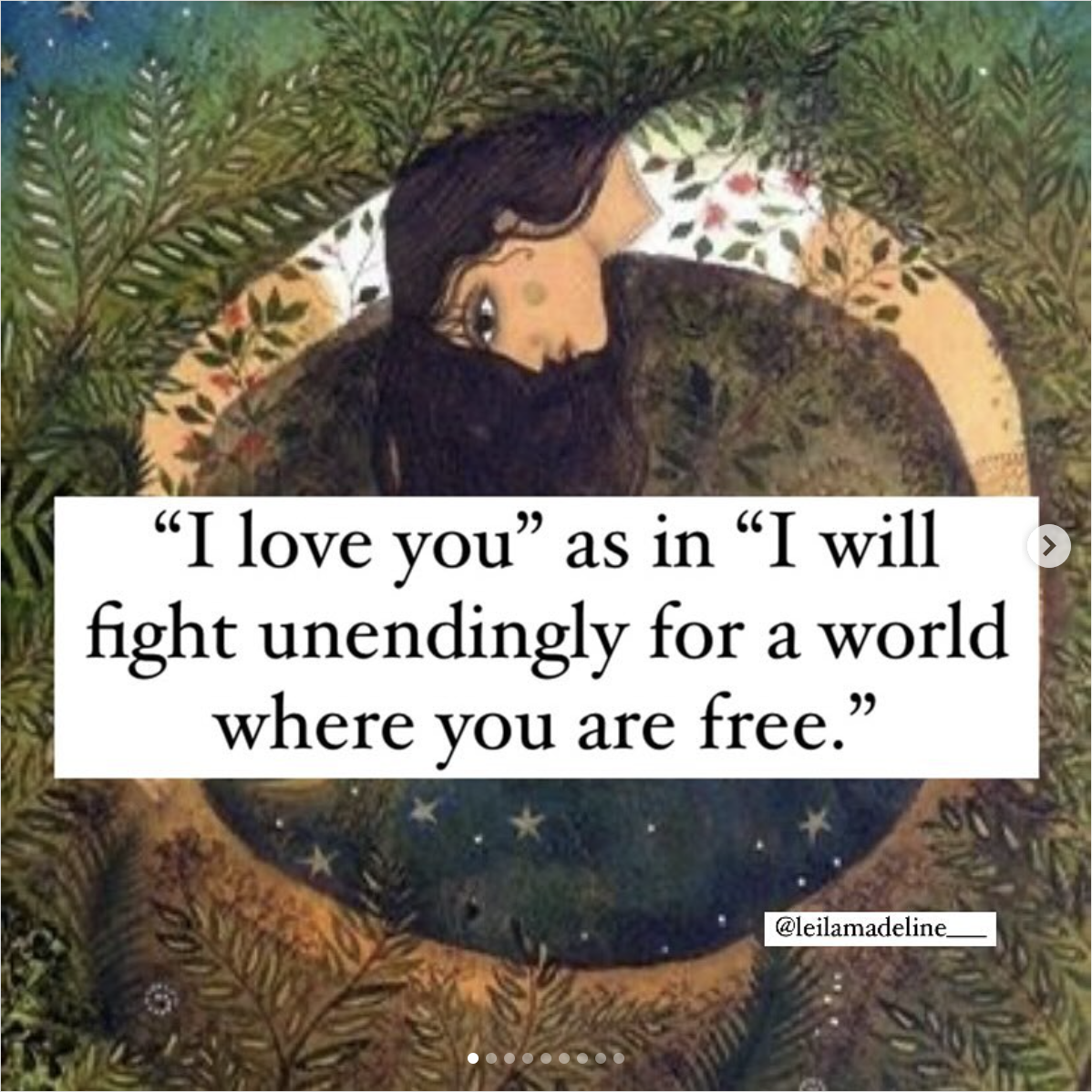 a meme of artwork of a figure encircling a star-reflecting pond with the words I love you as in I will fight unendingly fo ra world where you are free