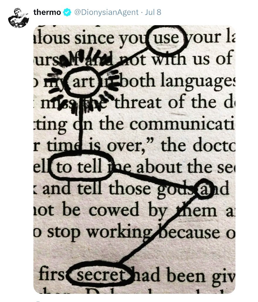 a paragraph of text with the following words circled and connected: use art to tell a secret
