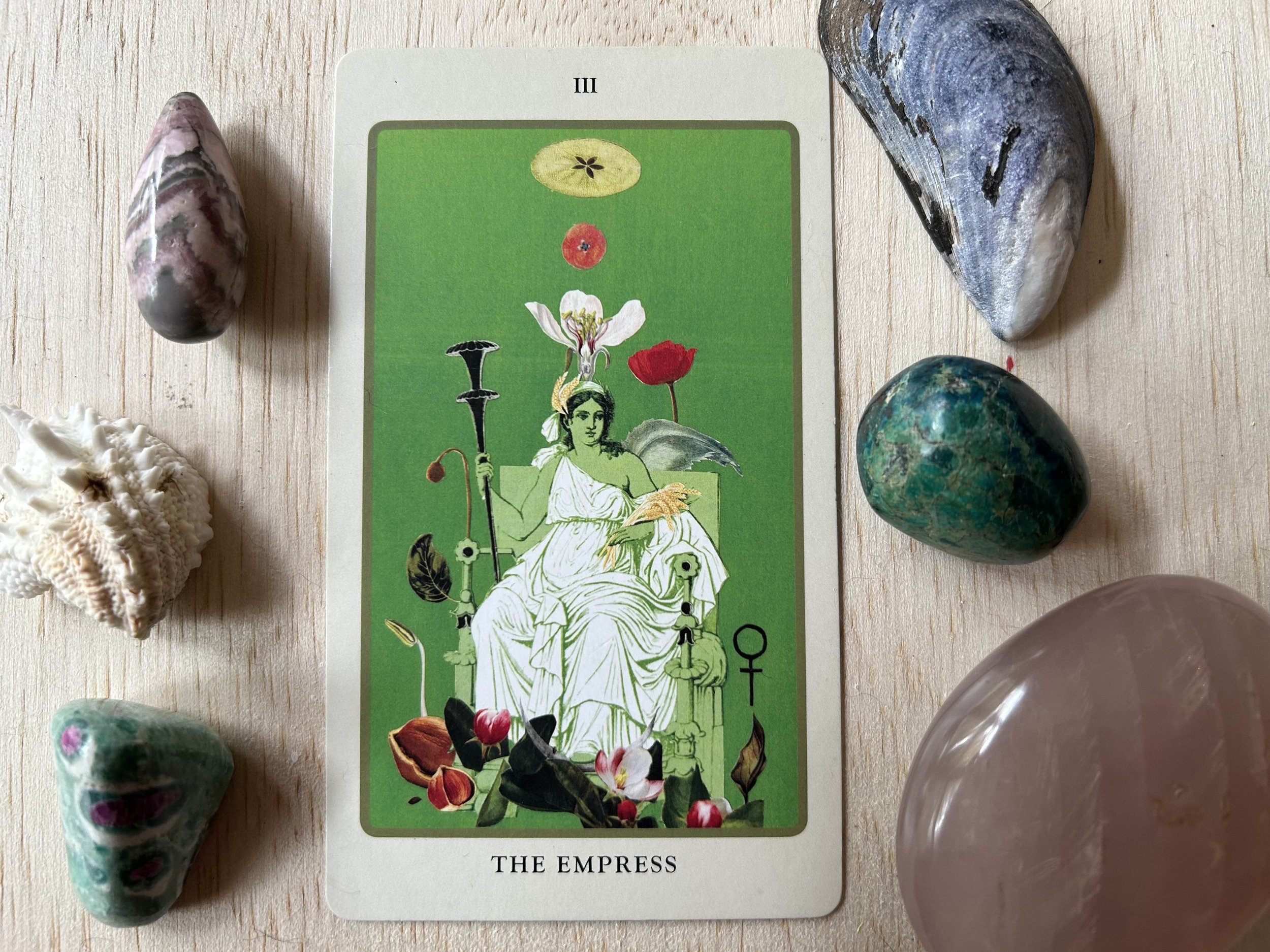 a green tarot card showing a figure seated on a throne against a light wood background surrounded by shells and stones