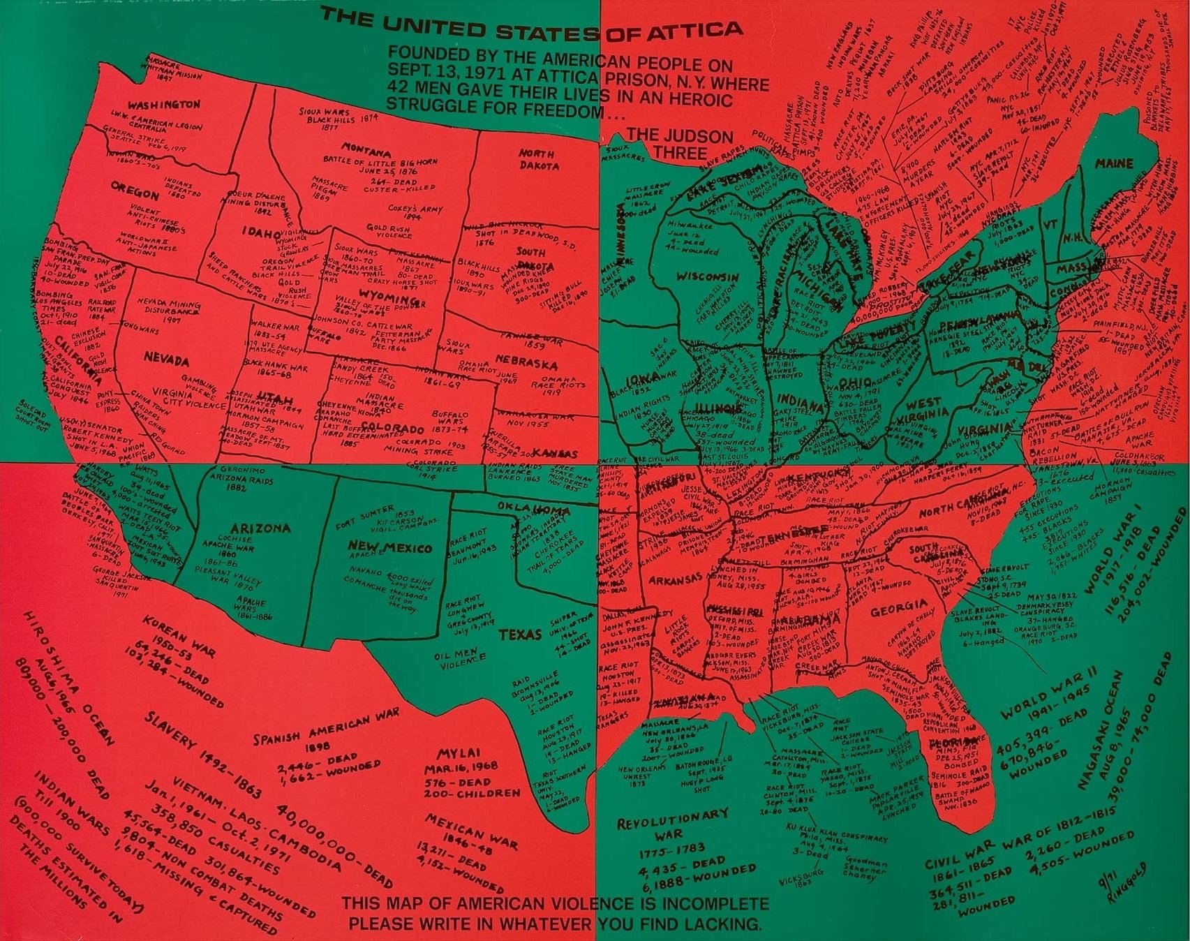 artwork showing a red and green map of the united states