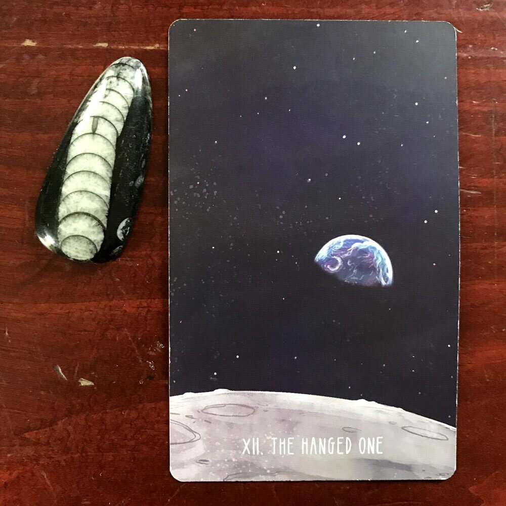 a shiny fossilized stone next to a tarot card showing the shadowed blue marble of the earth hovering in space as seen from the surface of the moon