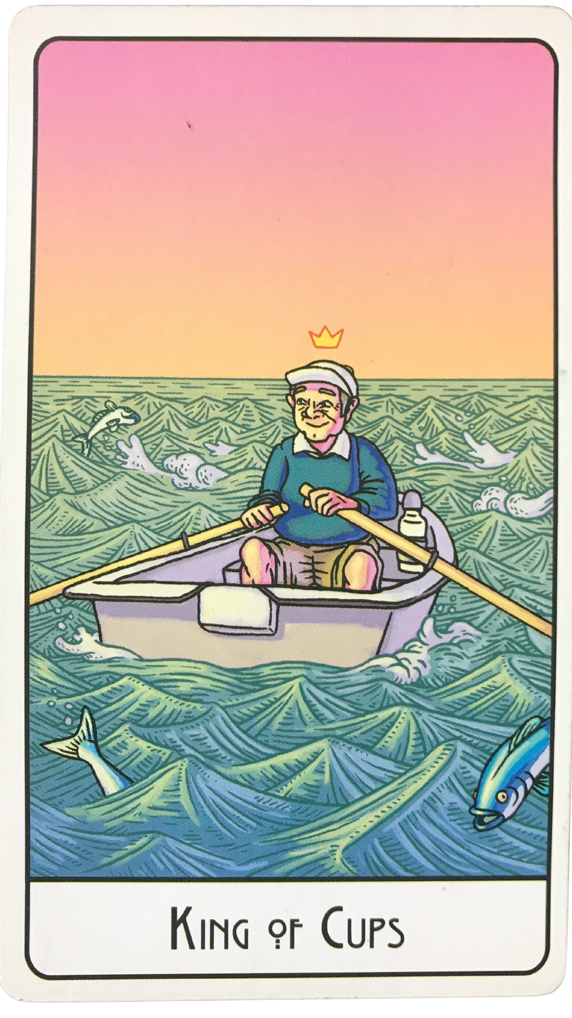 a tarot card showing an old man wearing shorts and a sweater in a rowboat amidst a roiling sea