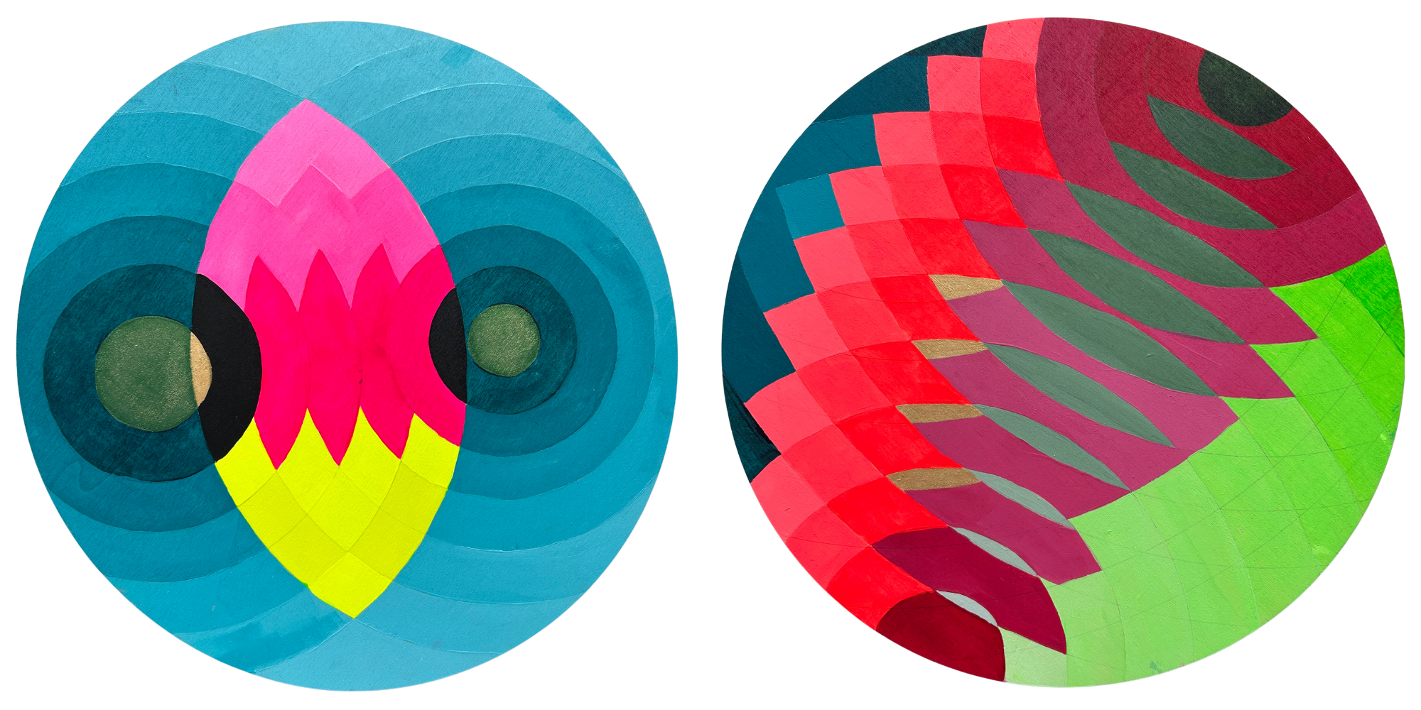 two brightly painted circular abstract paintings