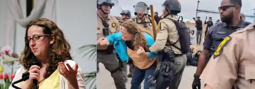 left image: a white woman with long curly hair and glasses speaks into a microphone, on the right, state troopers in tan uniforms and helmets violently arrest this same woman