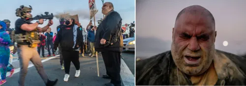 on the left, a masked thug shoots a chemical weapon at a clergyman from 5 feet away, on the right, the clergyman's face is caked with chemical weapons residue and he squints in pain