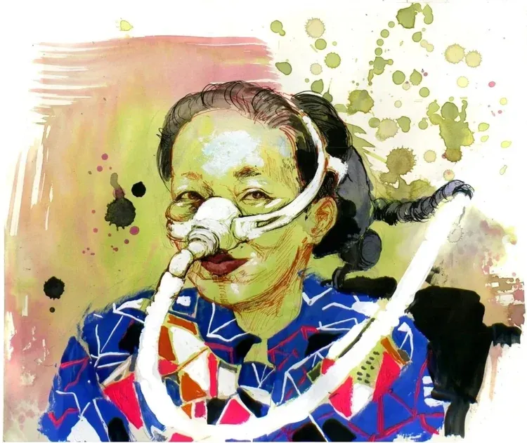a watercolor painting of an Asian woman wearing red lipstick, a brightly colored graphic blouse, and a respiratory mask with a tube coming out of it, sitting in a wheelchair