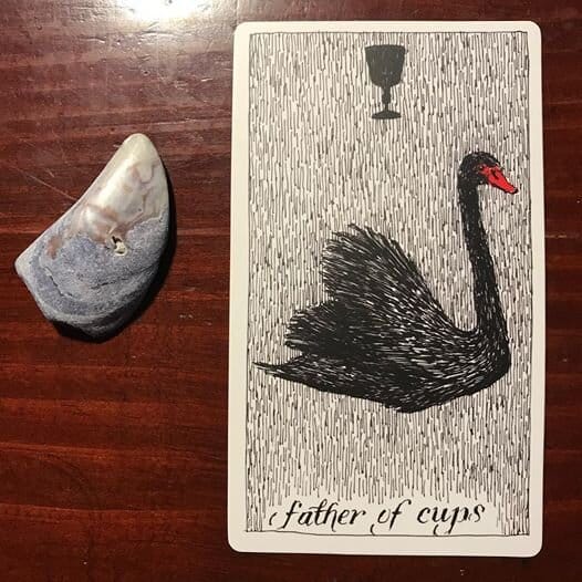 a tarot card of a black swan with a red bill against a background of falling rain, a black goblet hovers at the top center and the words Father of Cups are in script at the bottom