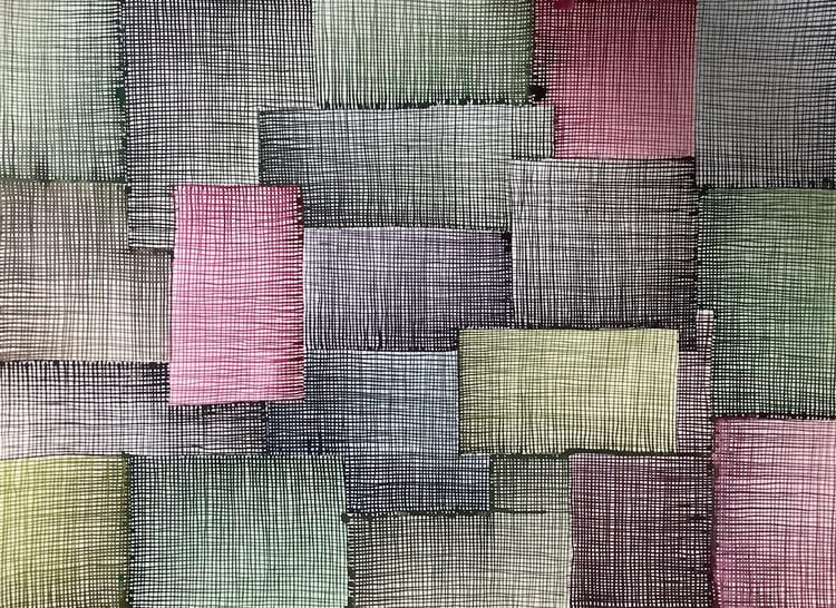 watercolor painting in dark jeweltones of layered squares that look like woven fabric