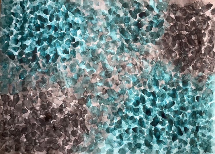 abstract watercolor artwork in teal and brown colors that resembles moving water