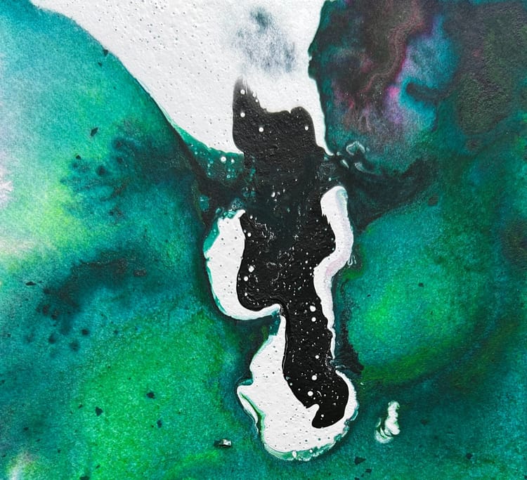 an abstract painting with a white finger shape pointing down with what looks like starry black in the center, against a gauzy teal ground