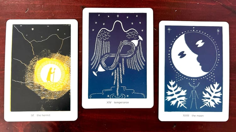 a glowing hermit inside a black mountain cave, a white angel pouring a figure-of of water into two cups and a figure with antlers looks up at a moon