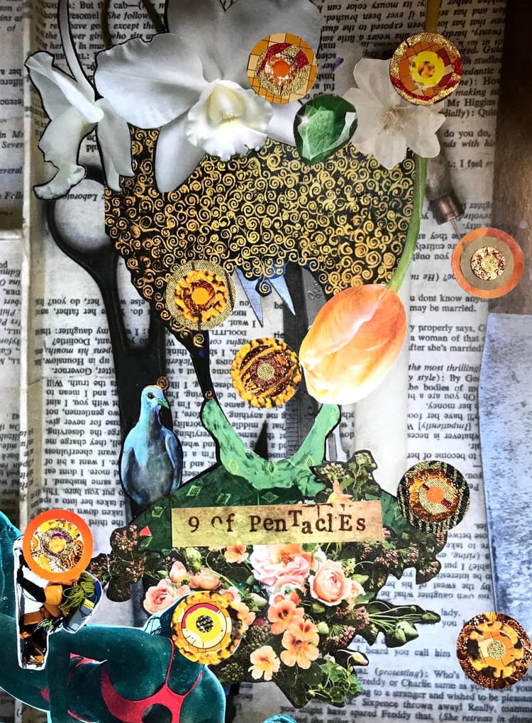 a paper collage artwork with text, birds, flowers, gold circles, a swimmer in a pink bikini and the words 9 of Pentacles