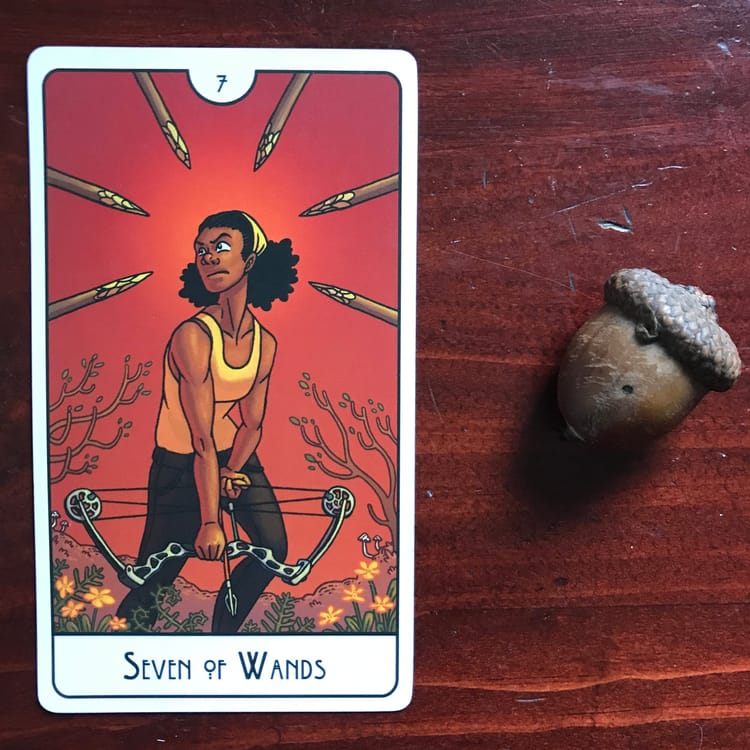 a tarot card and an acorn against a dark wood background
