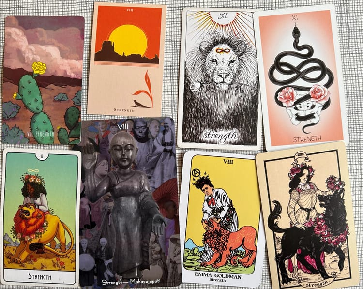 8 versions of the strength tarot card in two rows against a painted grid background
