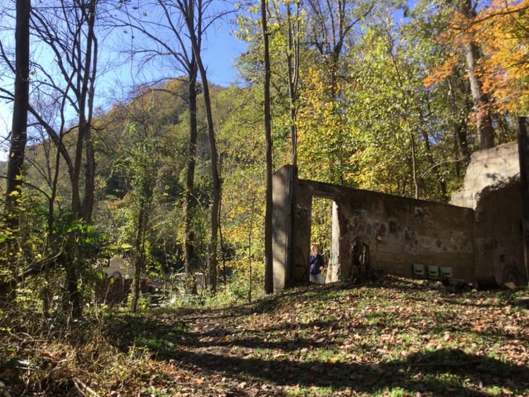 a figure stands in the opening of a wall of a ruined building amidst fall leaves with a blue sky and mountain in the distance