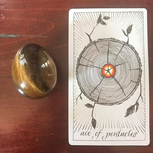 a tiger's eye stone alongside a tarot card illustrated with a cross section of a tree with an orange pentacle at the center and leafing branches off the edges