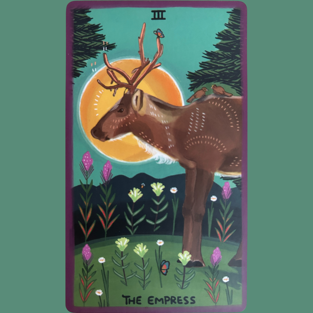 an illustration of a female reindeer standing in a lush field and butterflies on her antlers with a glowing orange sun and teal sky in the background