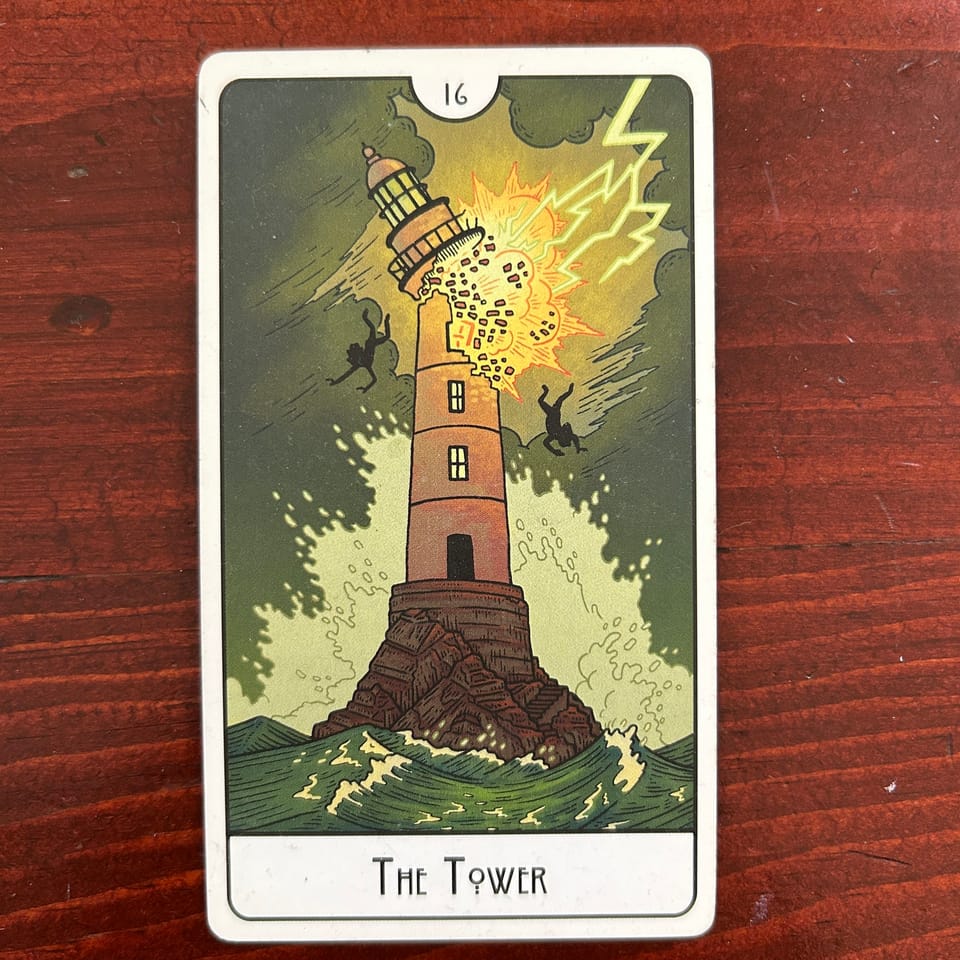 a brown lighthouse is struck by an explosive bolt of lighting, two figures falling in mid-air above a roiling green sea