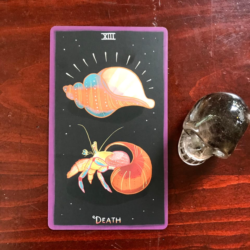a tarot card depicting an empty shell above and a hermit crab leaving its shell below and a smoky quartz skull against a dark wood background