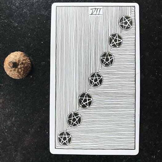 a line drawing of 7 black pentacles in a diagonal row where thin black vertical and horizontal lines meet at a right angle