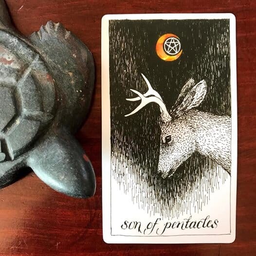 a stone turtle sculpture alongside an illustrated tarot card showing a young buck in profile looking downward, an orange crescent moon and pentacle above