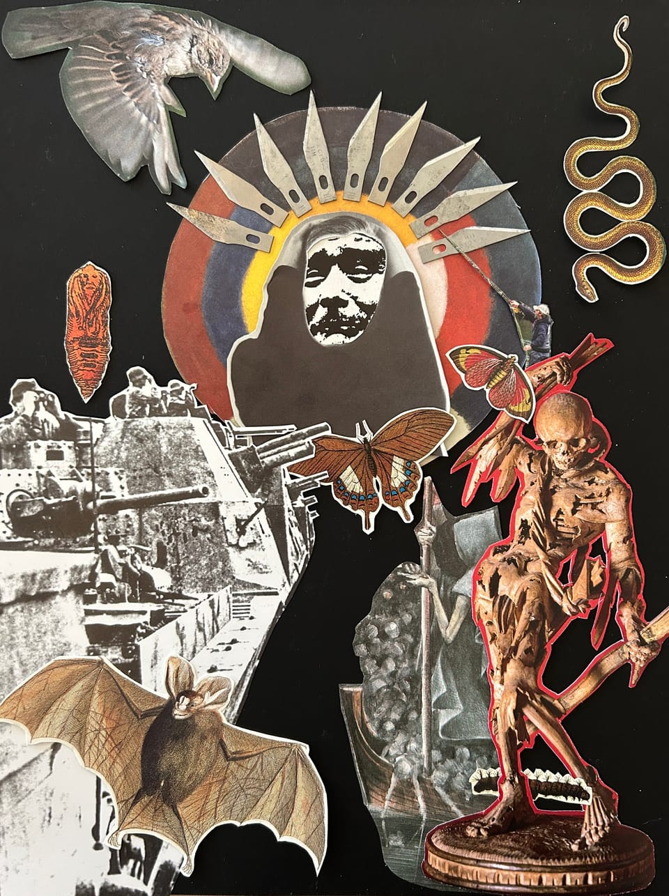 a collage artwork depicting a person gripping their head in distress, a flying bat and skeleton in the foreground