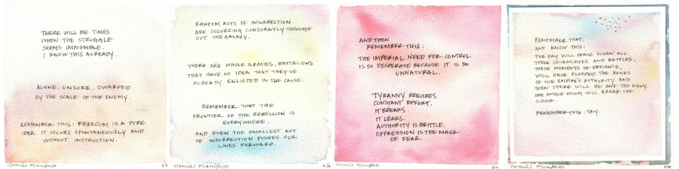 four square watercolor wash paintings, one next to the other, with the words of Nemik's Manifesto handwritten in black pen
